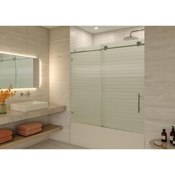 Glass Warehouse Galaxy 56 in. x 60 in. W x 60 in. H Frameless Sliding Bathtub Door in Chrome with Fluted Glass