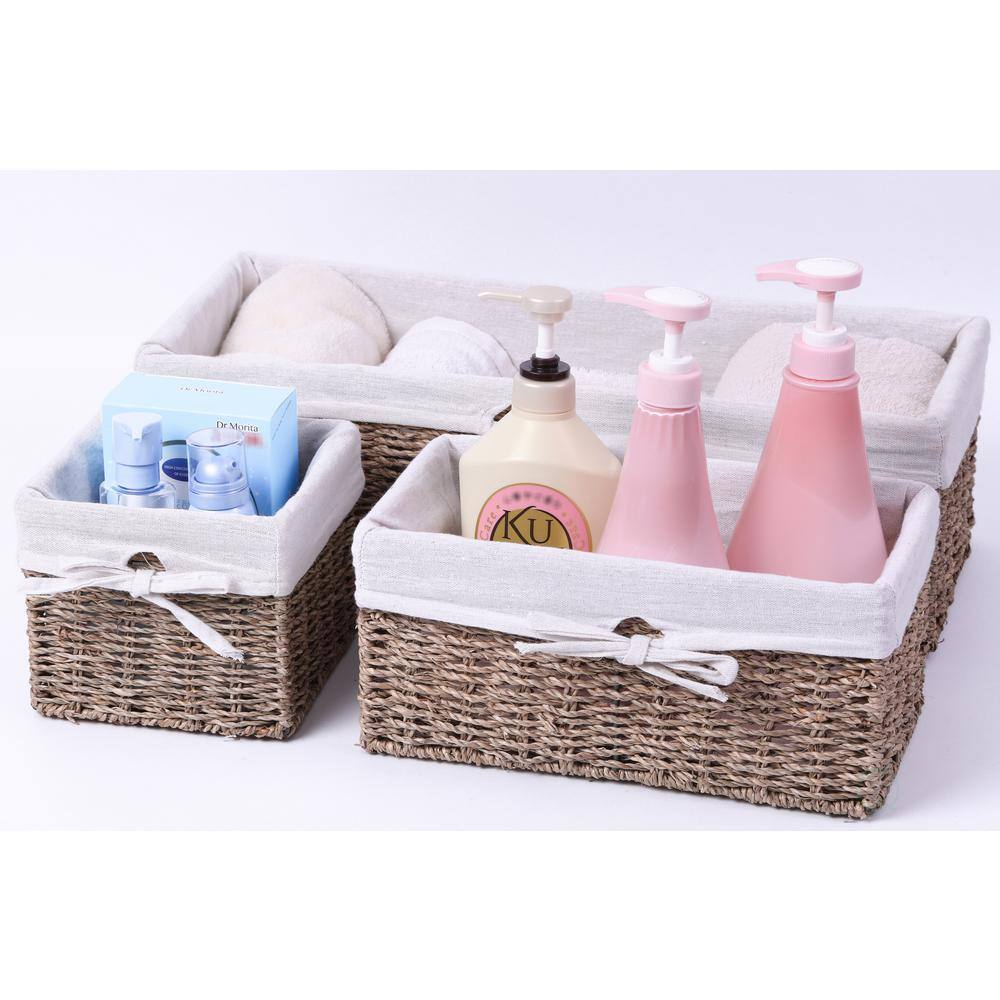 Seagrass Rectangular Storage Baskets with White Lining, Set of 3