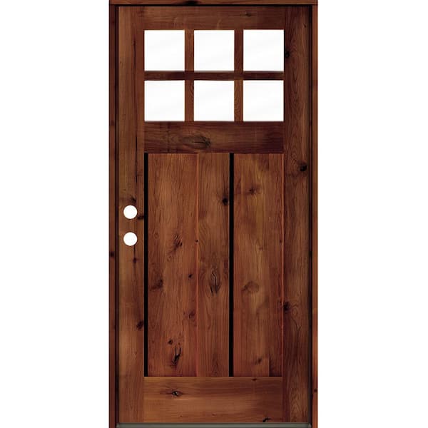 Krosswood Doors 32 in. x 80 in. Craftsman Knotty Alder Right-Hand/Inswing 6 Lite Clear Glass Red Chestnut Stain Wood Prehung Front Door