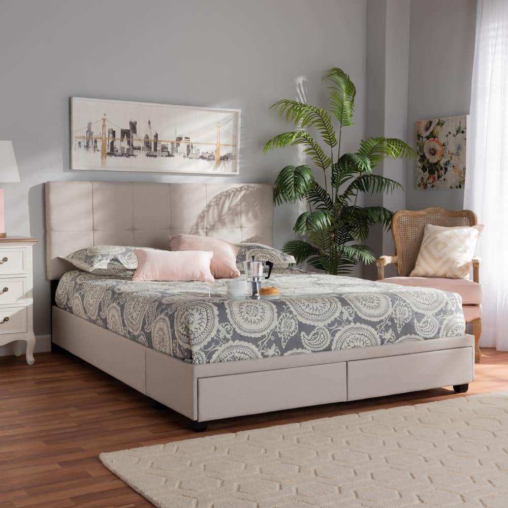 Elegant Beige Linen Queen Storage Bed with Biscuit Tufting