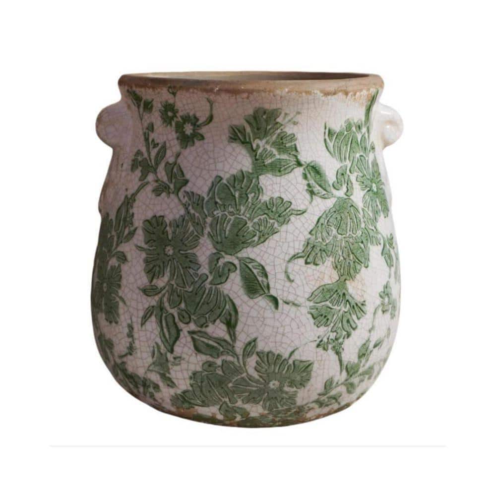 Vintage Floral Series 6.5 in. in Green Ceramic Round Decorative