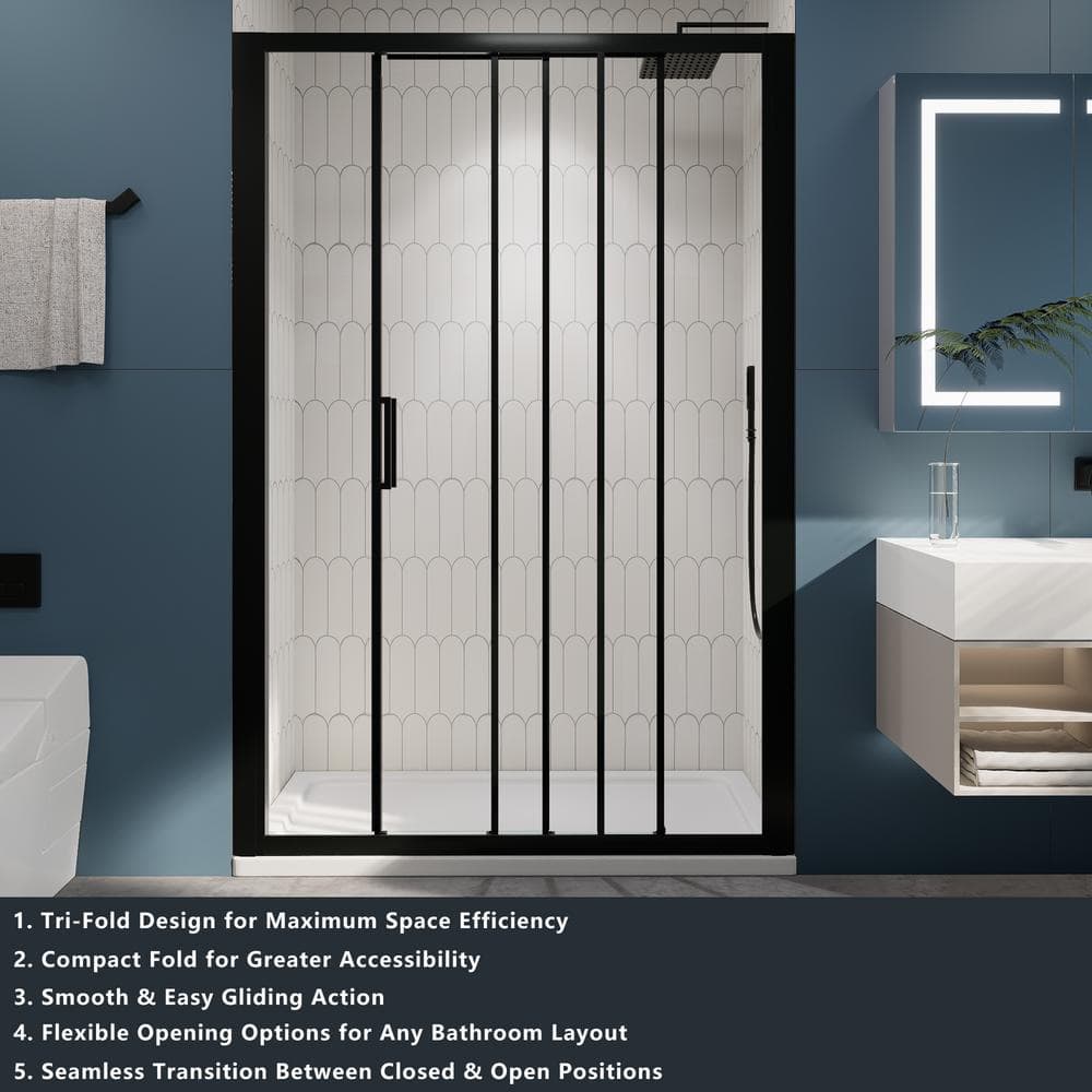 54" Matte Black Semi-Frameless Sliding Shower Door with Clear Glass