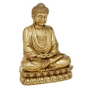 Gold Polystone Meditating Buddha Sculpture with Engraved Carvings and Relief Detailing