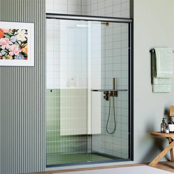 44 in. - 48 in. W x 72 in. H Double Sliding Semi-Frameless Shower Door in Matte Black with Clear Glass