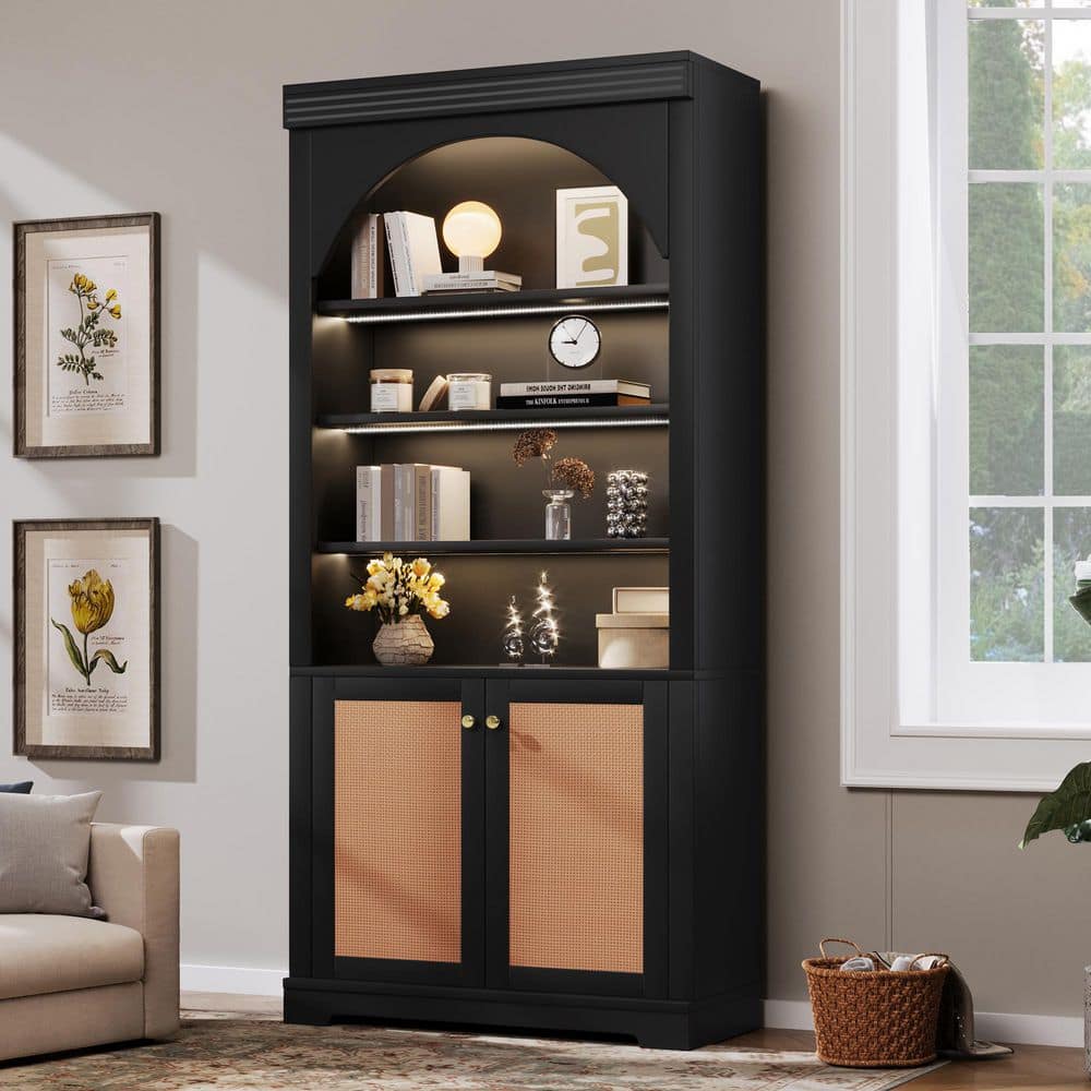 Black MDF Wood 70.8 in. Tall Bookshelf Storage Cabinet with 4-layer LED Lightings and Rattan Doors price history on PriceWatchPro