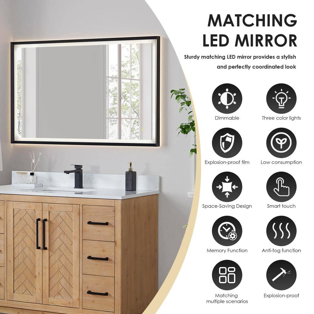 Anais 48" Light Brown Wood Vanity with White Stone Top and Mirror