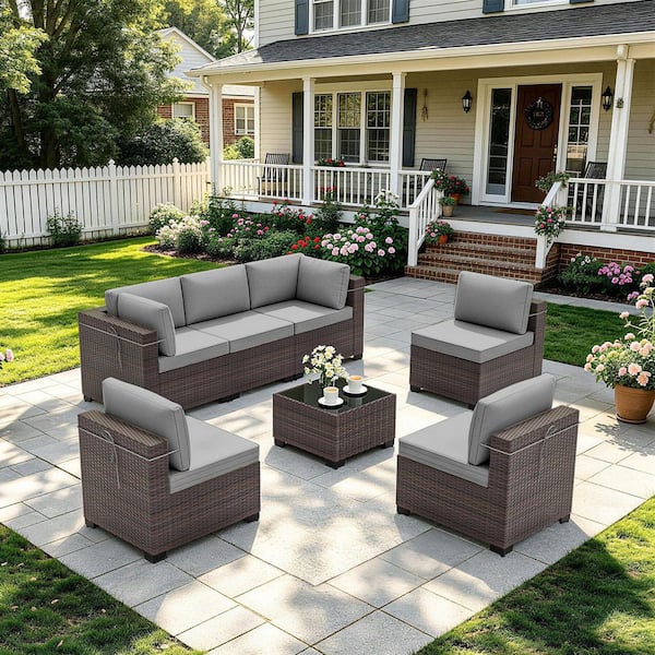 Halmuz 7-Piece Wicker Outdoor Sectional Set with Cushion Gray 7PS