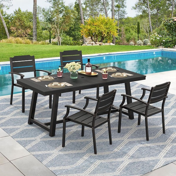 Black 5-Piece Aluminum Plastic HDPS Rectangular 26.9 in Outdoor Dining Set with Umbrella Hole and Armchairs
