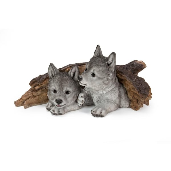 HI-LINE GIFT LTD. Grey Wolf Cubs Hiding Under Log Garden Statue