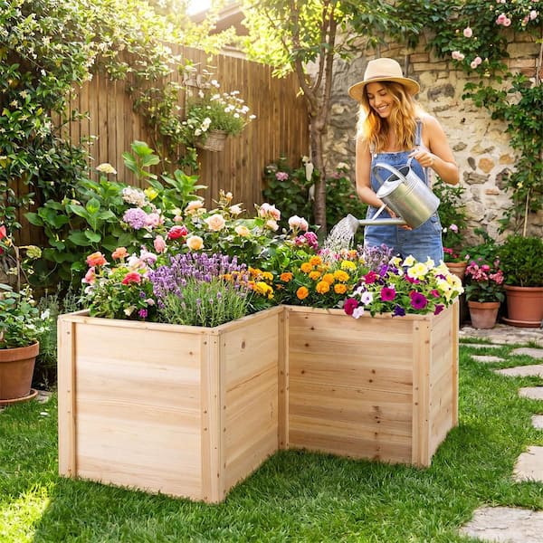 Costway 24 in. L-Shaped Deep Root Planter Box Wooden Raised Garden