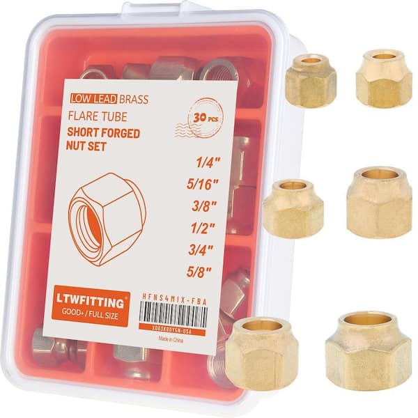 Assortment Kit Tube OD 1/4-Inch 5/16-Inch 3/8-Inch 1/2-Inch 3/4-Inch 5/8-Inch Brass Flare Short Forged Nut Set(30-Pack)