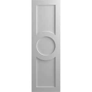 True Fit 18 in. x 30 in. PVC Center Circle Arts and Crafts Fixed Mount Flat Panel Shutters Pair in Primed