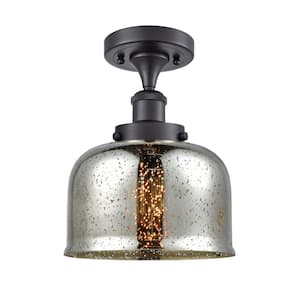 Bell 8 in. 1-Light Matte Black Semi-Flush Mount with Silver Plated Mercury Glass Shade