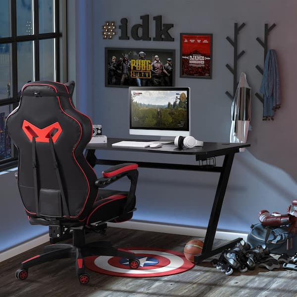 HOMCOM 47 Racing Style Gaming Desk, Z-Shaped Computer Table Workstation  with LED Lights, Swivel Cup Holder, Headphone Hook and Cable Management  Holes for Gamers Home Office, Black 