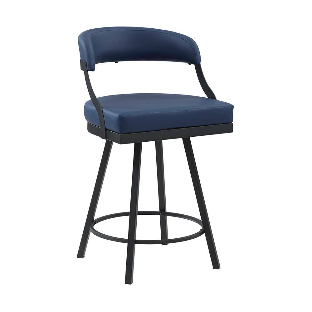 Blue Faux Leather Swivel Counter Height Stools with Black Metal Frame, Set of 2