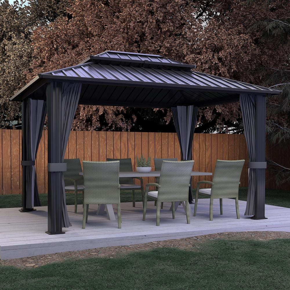 VEIKOUS 14 ft. W x 12 ft. D Hardtop Gazebo Aluminum Double Roof Metal ...