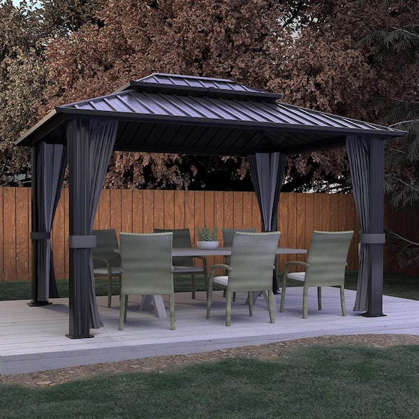 VEIKOUS 14 ft. W x 12 ft. D Hardtop Gazebo Aluminum Double Roof Metal Gazebo with Curtain and Netting