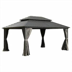 10 ft. x 14 ft. Gray Outdoor Aluminum Hardtop Gazebo with Mosquito Netting and Polyester Curtains