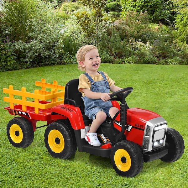 12-Volt Kids Ride-On Tractor with Trailer Ground Loader with RC and Lights in Red