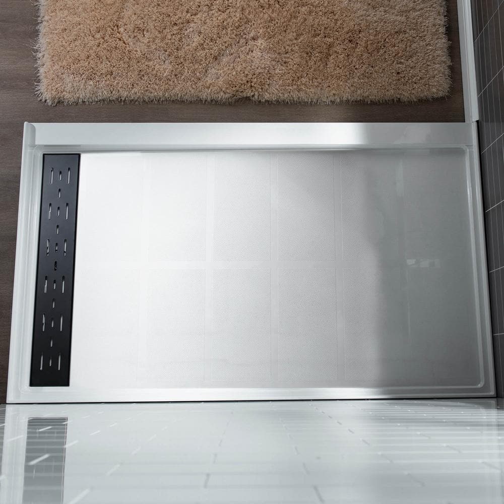 White Rectangular Shower Pan with Matte Black Drain Cover