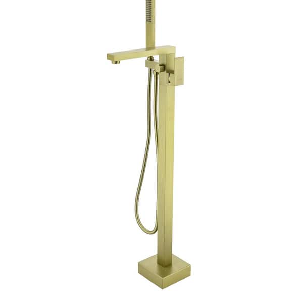 Single Handle Freestanding Tub Faucet with Handheld Shower in Brushed Gold