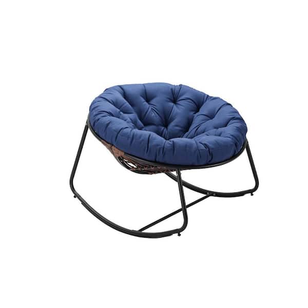 Unbranded Dark Gray Frame Metal Outdoor Rocking Chair, Patio Wicker Egg Chair, with Navy Blue Cushion, for Backyard, Patio, Garden