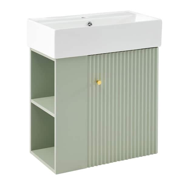 21.6 in. W x 12.2 in. D x 26.4 in. H Single Sink Floating Green Bath Vanity with White Ceramic Top and Left Side Storage