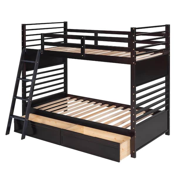 Polibi Espresso Twin over Twin Wood Bunk Bed with 2 Drawers