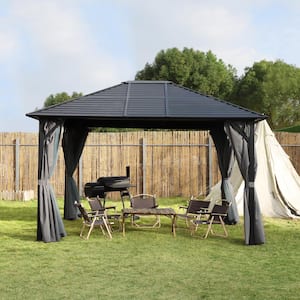 12 ft. W x 10 ft. L x 9 ft. H Aluminum Hardtop Gazebo with Grey Curtains and Netting