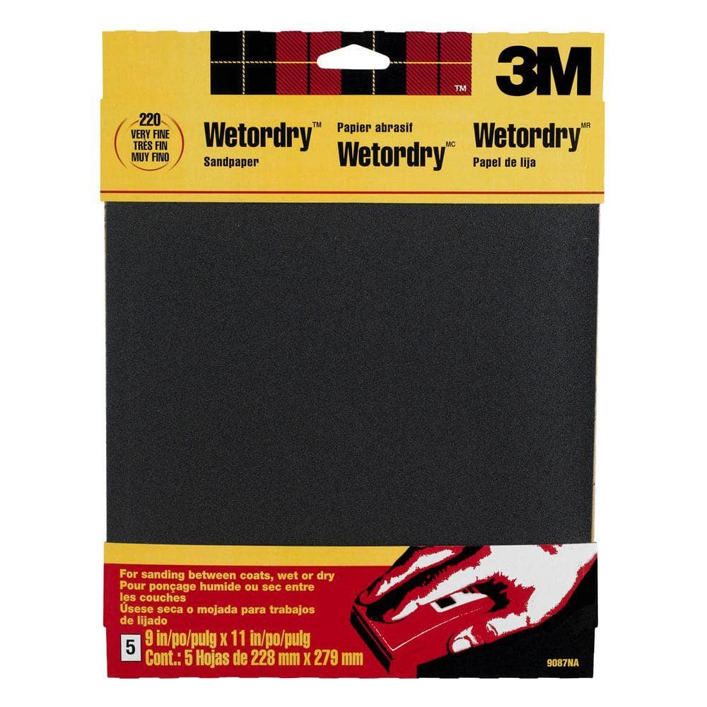 3M 9 in. x 11 in. 220 Fine Grit, Silicon Carbide Sandpaper (5-Pack