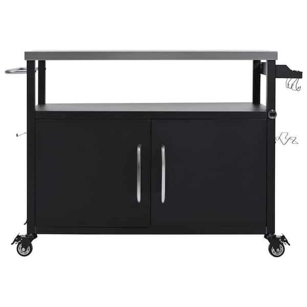 Black Stainless Steel Top 54.5 in. Outdoor Kitchen Island with Storage and 4 Lockable Wheels
