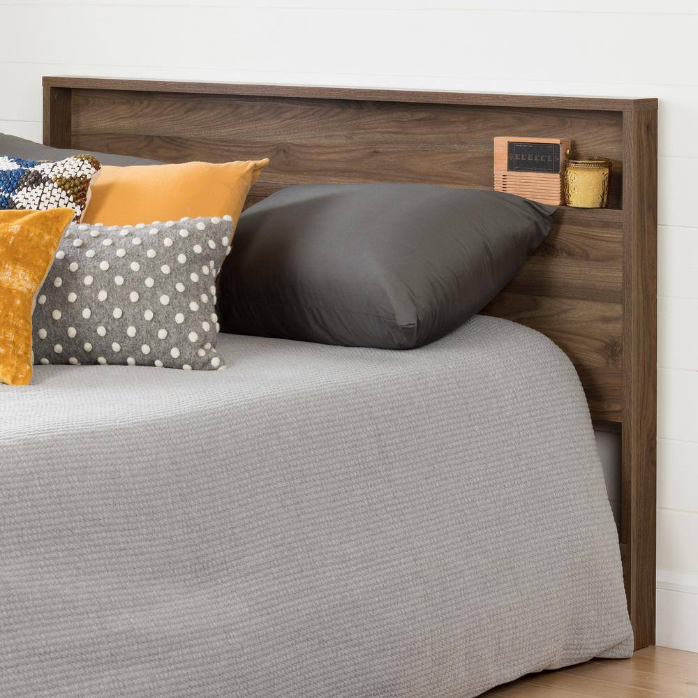 Full Walnut Wood Headboard with Storage Shelf