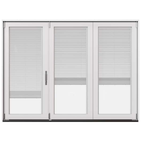 108 in. x 80 in. Right-Hand Folding Primed Fiberglass 3-Panel Patio Door w/ Low-E Glass, Blinds & Retractable Screen