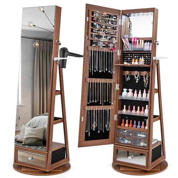22 in. x 64.5 in. Walnut 360° Swivel Freestanding MDF Jewelry Box Storage Organizer Armoire with Mirror and Lights