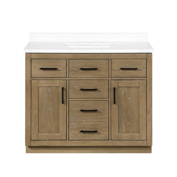 Bailey 42 in. Freestanding Driftwood Oak Bath Vanity with White Quartz Top, Power Bar and Matte Black Hardware