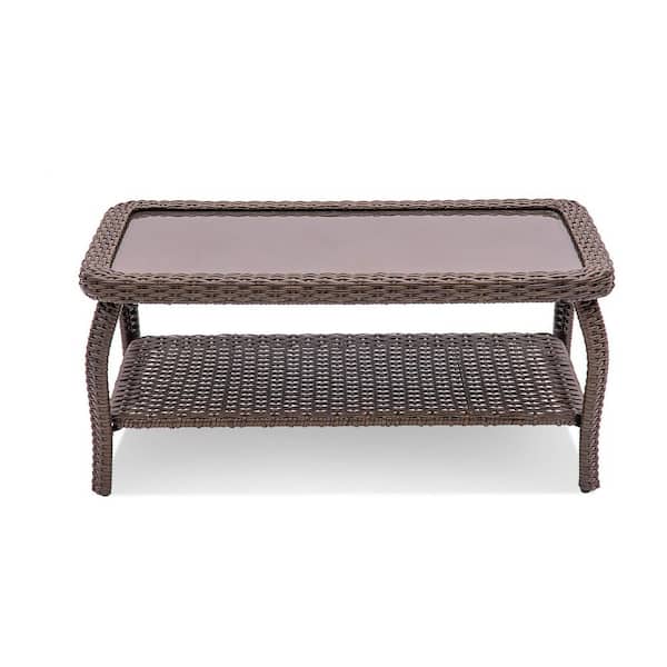 Brown Wicker Outdoor Coffee Table Patio Table with Tempered Glass Top