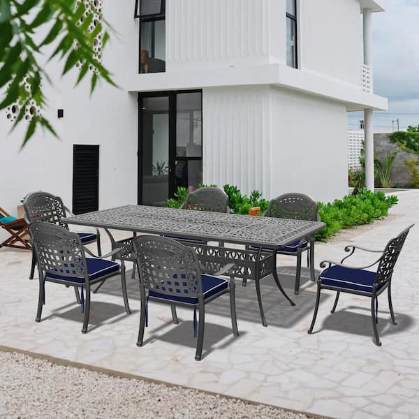 Willit Isabella Black 7-Piece Cast Aluminum Outdoor Dining Set with Rectangle Table and Dining Chairs with Random Color Cushion