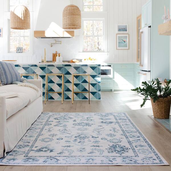 Atlantis Ivory/Blue 2 ft. x 7 ft. Faded Oriental Distressed Polyester Machine Washable Indoor Area Rug