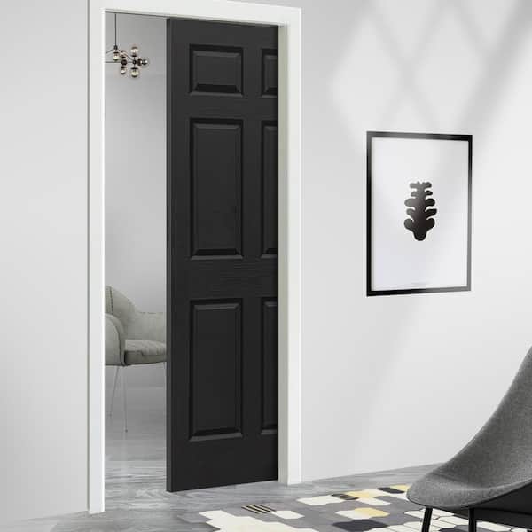 Black 30 in. x 80 in. Painted Composite MDF 6PANEL Interior Sliding Door with Pocket Door Frame and Hardware Kit