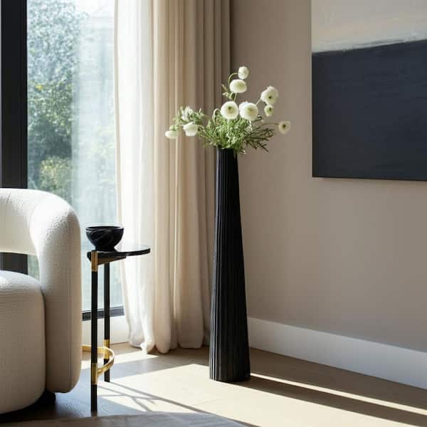 48 in. Black Metal Cylinder Ribbed Textured Finish Floor Vase