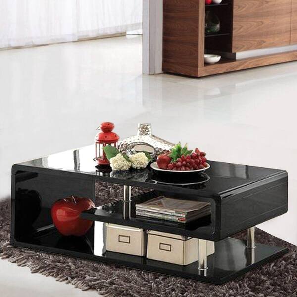 Benzara 48 in. Black Large Rectangle Wood Coffee Table with Shelf