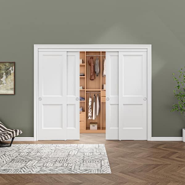 96 in. x 80 in. Paneled 2-Lite White Primed MDF Composite Sliding Door with Hardware
