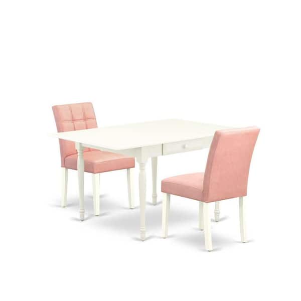East West Furniture 3-Piece Linen White Finish Rectangular Solid Wood Top with Dropleaf Dining Table Set