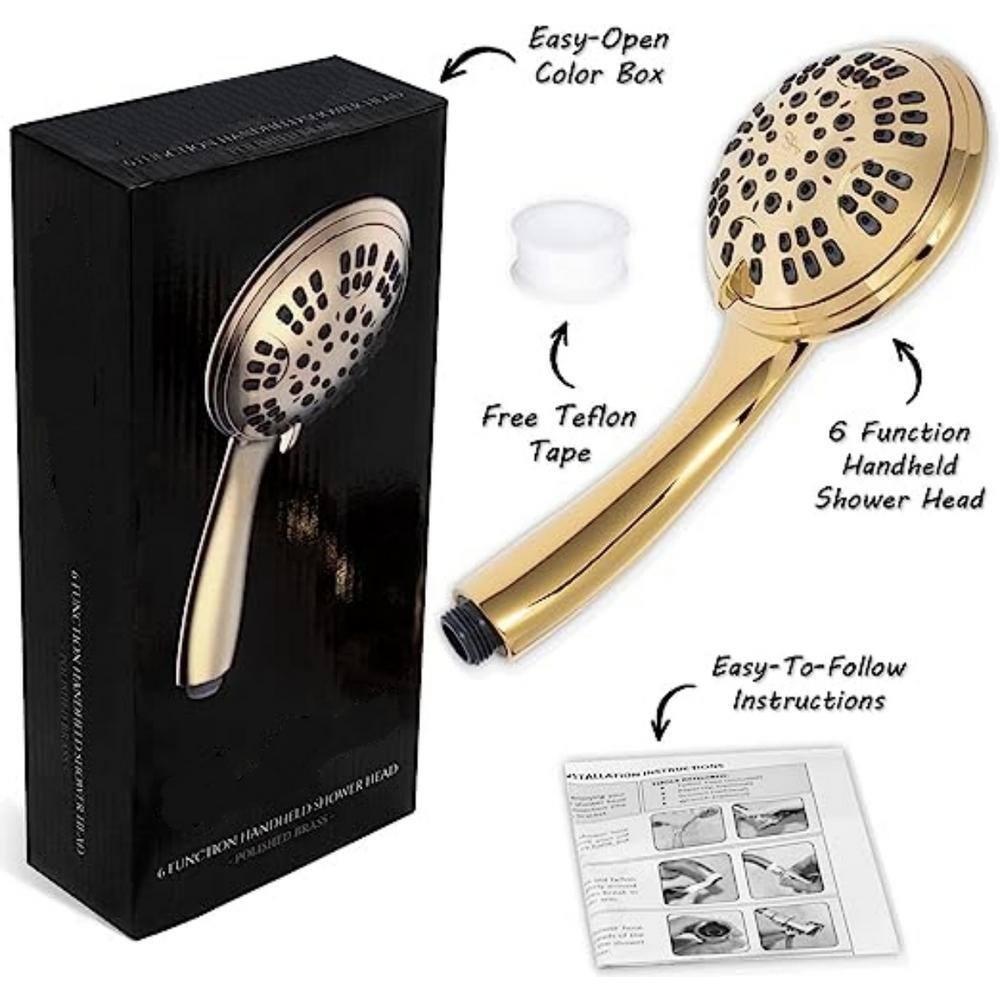Polished Brass Large Handheld Rain Shower Head with 6-Spray Settings