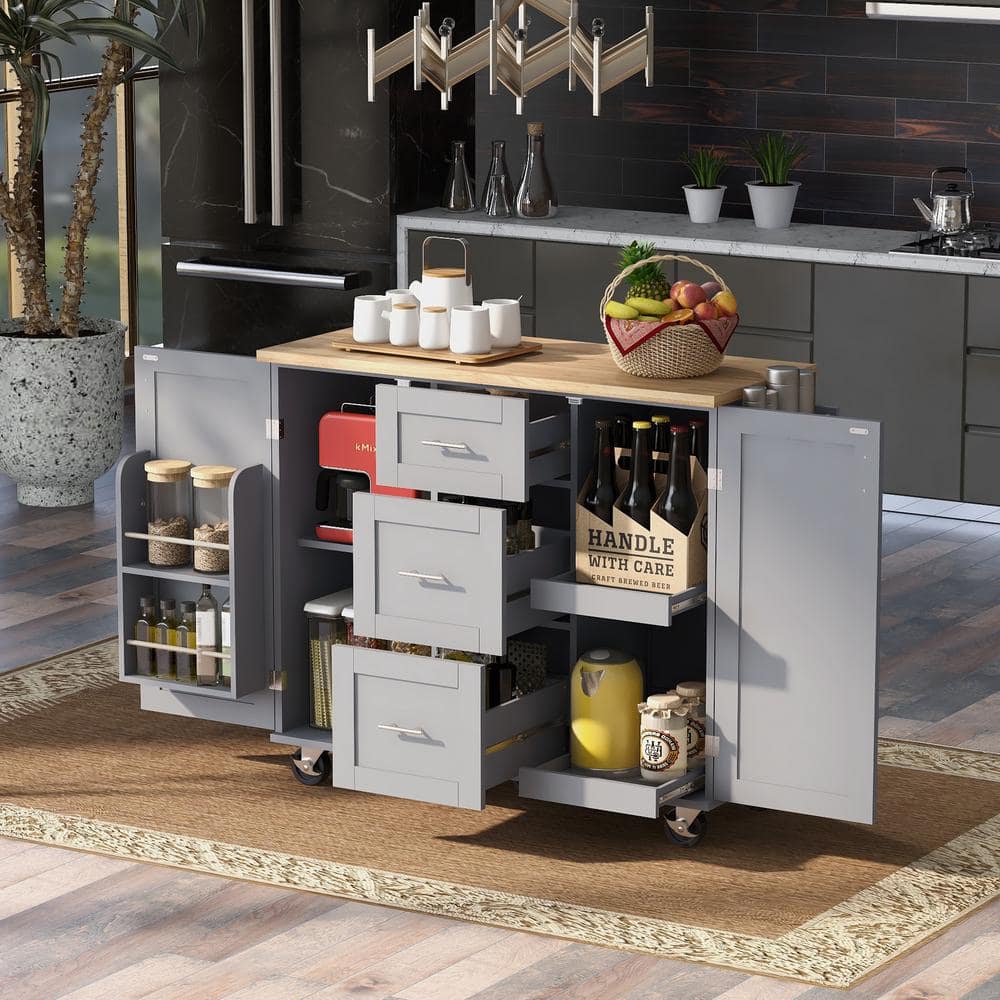 Grey Blue Wooden 51.49 in Rolling Kitchen Island Kitchen Cart with 3 Drawer, 2 Slide-Out Shelf, Spice Rack & Tower Rack -  FUNKOL, LHKitchIsland-C