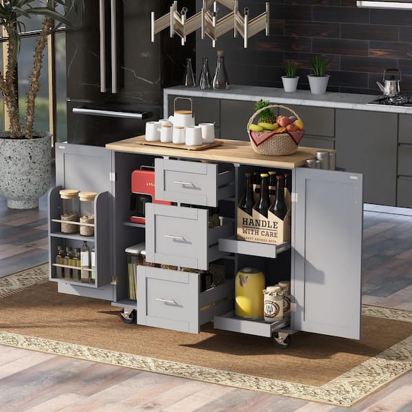 FUNKOL Grey Blue Wooden 51.49 in Rolling Kitchen Island Kitchen Cart with 3 Drawer, 2 Slide-Out Shelf, Spice Rack & Tower Rack