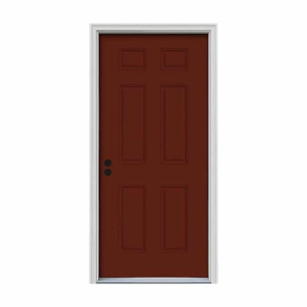 JELD-WEN 34 in. x 80 in. 6-Panel Mesa Red Painted Steel Prehung Right-Hand Inswing Front Door w/Brickmould