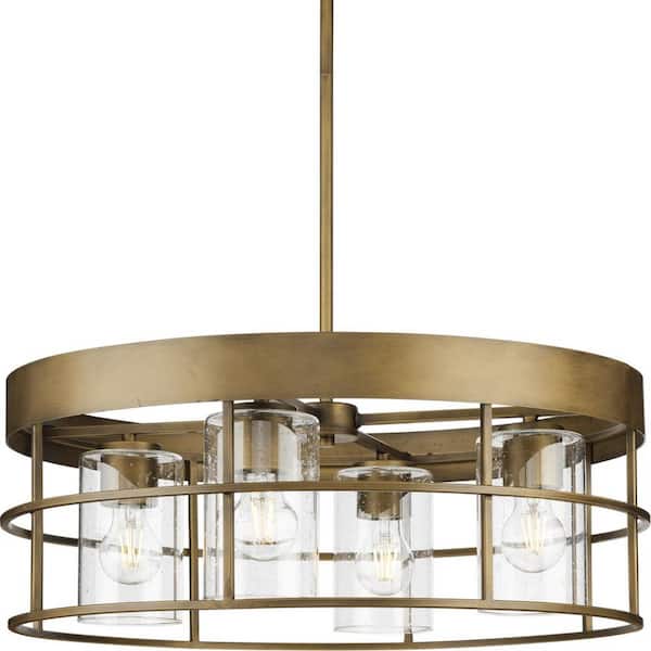 Progress Lighting Burgess Collection 24 in. 4-Light Aged Bronze Modern Farmhouse Chandelier with Clear Seeded Glass Shades