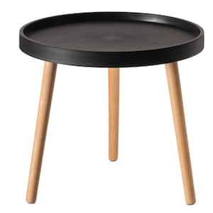 20 in. Black Modern Round Plastic Coffee Table with Beech Wood Legs, Side Table Accent