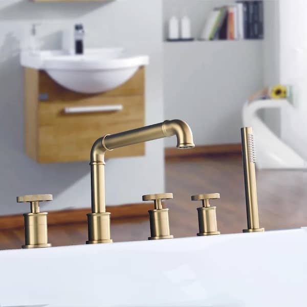 3-Handle Round Tub-Mount Roman Tub Faucet with Hand Shower in Brushed Gold